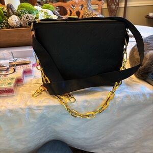 Luxury look Black Embossed Leather Crossbody with Gold Chain